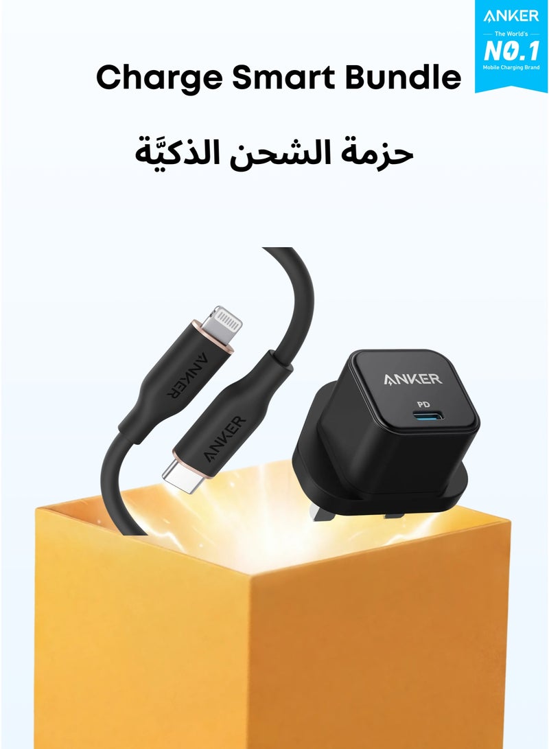 Anker موصل USB C، شاحن USB C بقوة 20 واط - شاحن PowerPort III Cube للشحن السريع، متوافق مع iPhone 16/16 Plus/16 Pro/16 Pro Max، 15/14/13/12 سلسلة، Galaxy، iPad (الكابل غير متضمن) و PowerLine III Flow، كابل USB C إلى Lightning لـ iPhone 14/14 Pro/14 Pro Max/13/12/11 سلسلة [معتمد من MFi، 3 أقدام، أسود منتصف الليل] يدعم توصيل الطاقة، كابل سيليكون (الشاحن غير متضمن) حزمة - Image 1